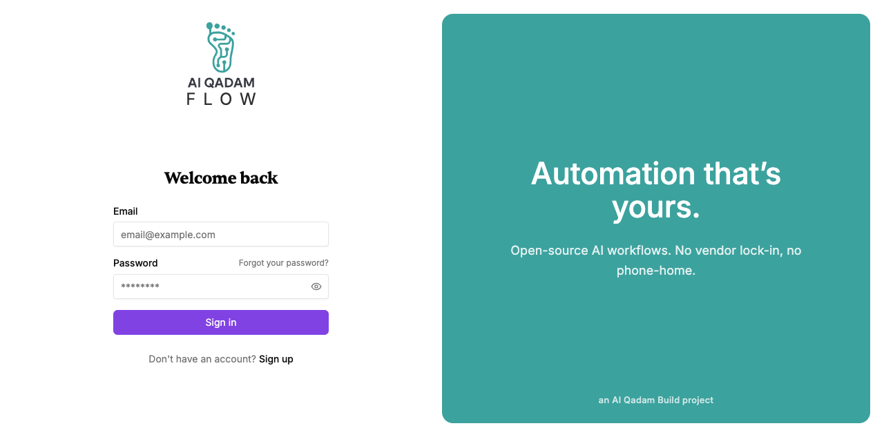 Qadam Flow sign-in — AI Qadam / FLOW lockup on the left, teal hero on the right with the tagline 'Automation that's yours.'
