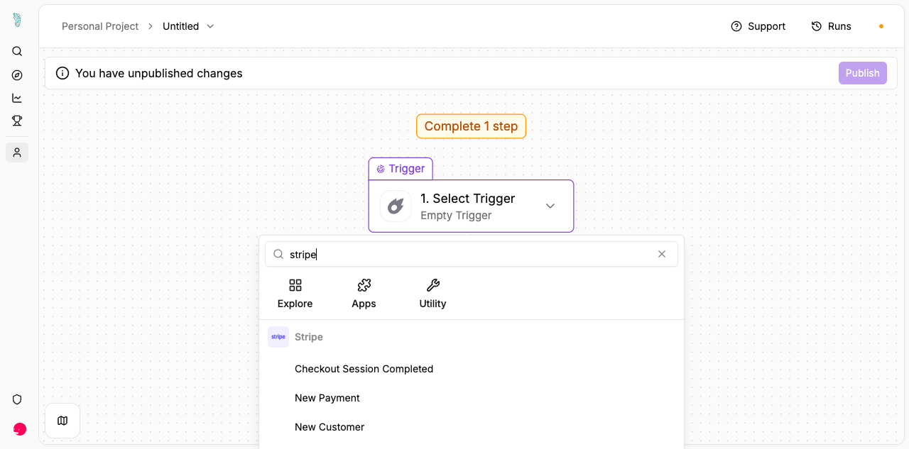 Steps picker searching for 'stripe' — returns the Stripe qadam with triggers Checkout Session Completed, New Payment, New Customer.