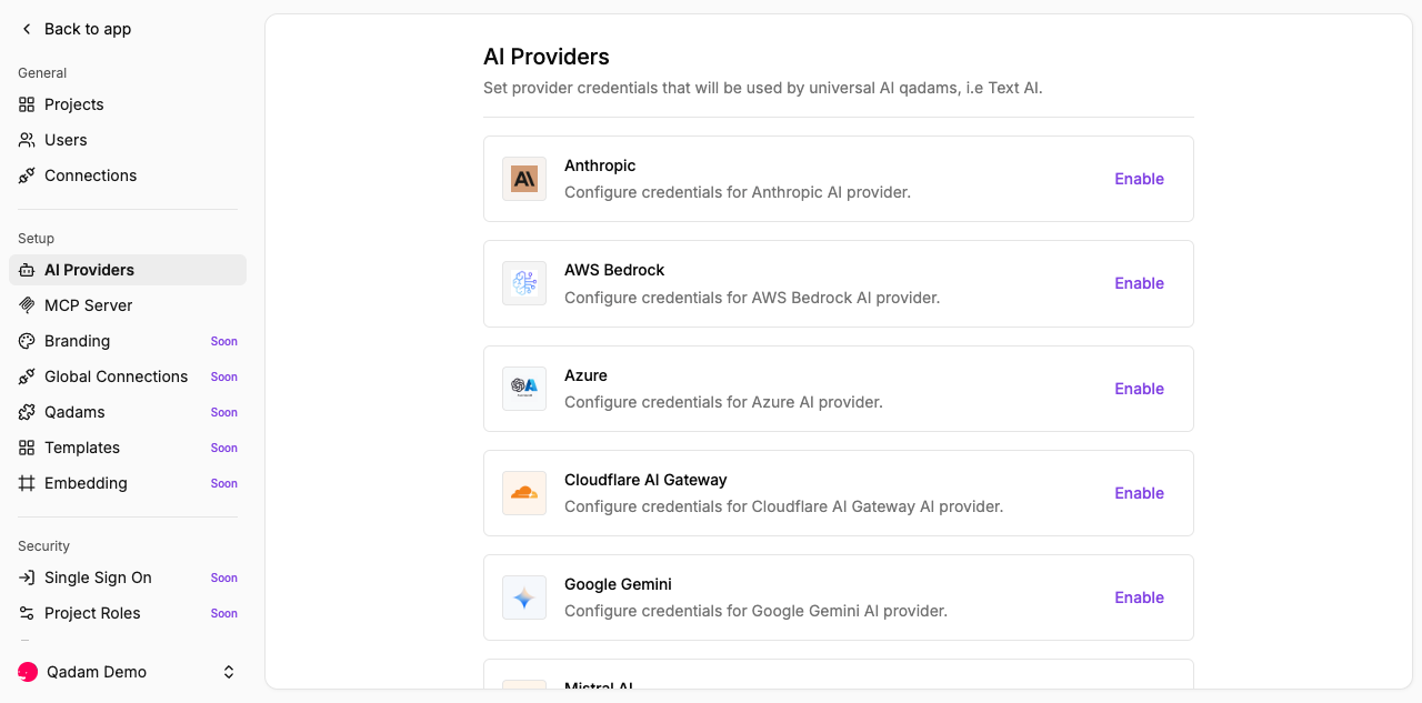 AI Providers settings page — Anthropic, AWS Bedrock, Azure, Cloudflare AI Gateway, Google Gemini, Mistral AI — each with an Enable button.