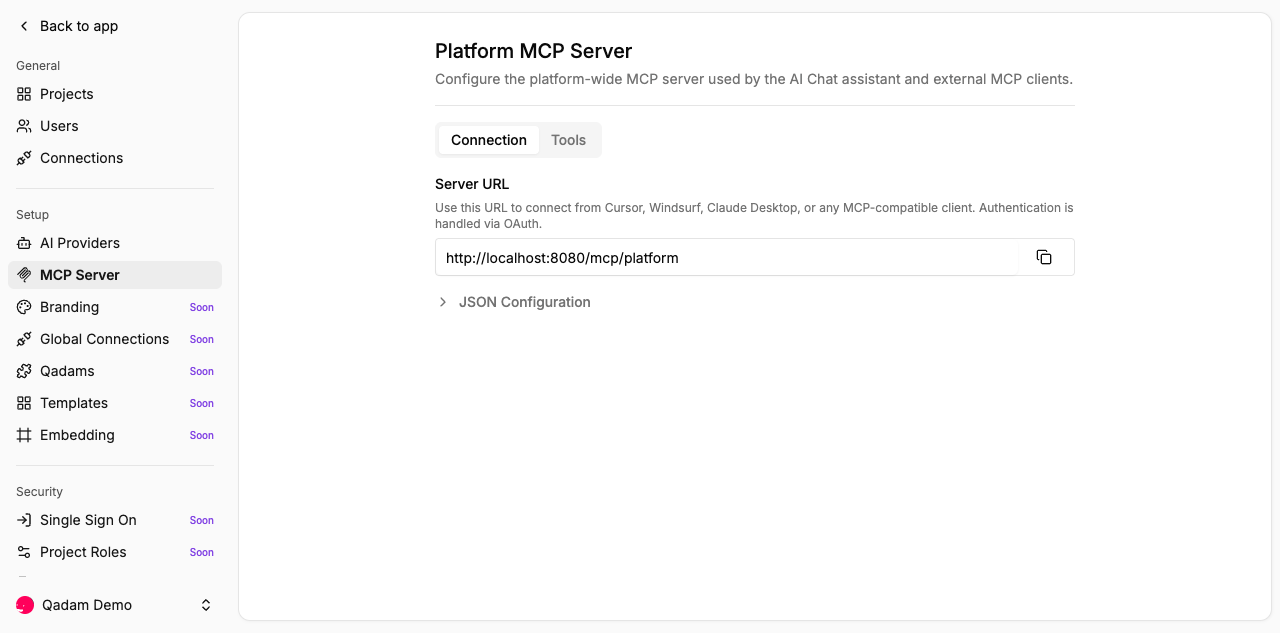 Platform MCP Server settings — Server URL 'http://localhost:8080/mcp/platform', Connection and Tools tab switcher.